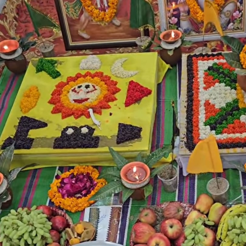 Traditional rice art (Aripana/Alpana) with Sun and Moon motif during a Hindu ritual setup in Kolkata.